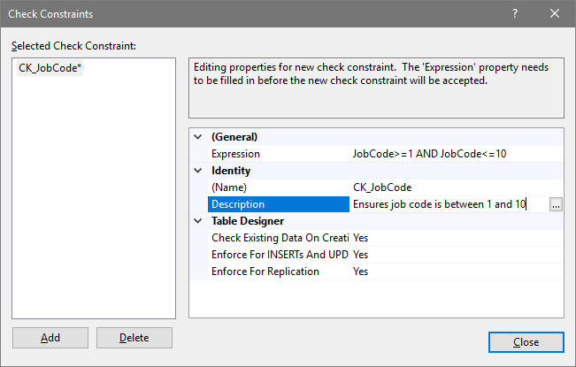 adding a constraint in ssms