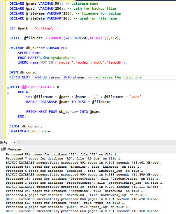 backup commands and partial output