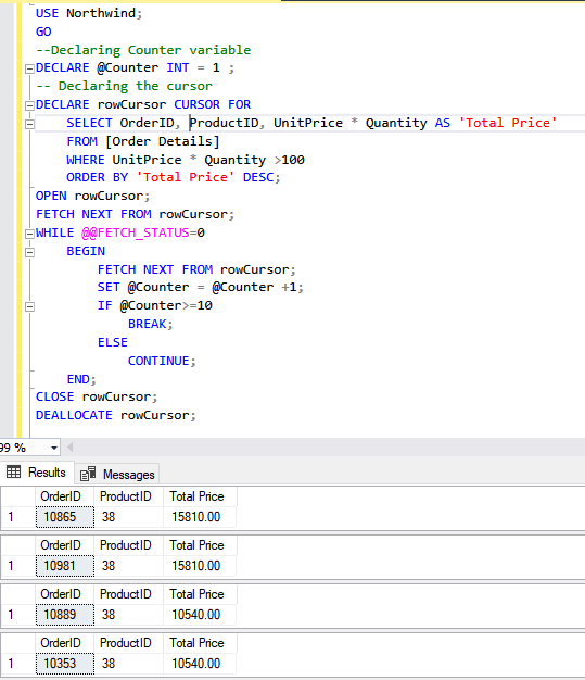 using fetch and row cursors