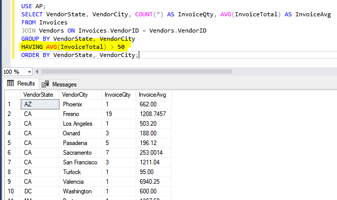 USE AP;SELECT VendorState, VendorCity, COUNT(*) AS InvoiceQty, AVG(InvoiceTotal) AS InvoiceAvg FROM Invoices JOIN Vendors ON Invoices.VendorID = Vendors.VendorID 
			GROUP BY VendorState, VendorCity HAVING AVG(InvoiceTotal) > 50 ORDER BY VendorState, VendorCity;