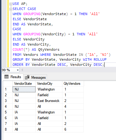 example showing how to use grouping with the case function to display headings instead of null