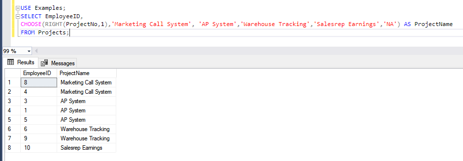 task 4 choose statement with right string function code and output