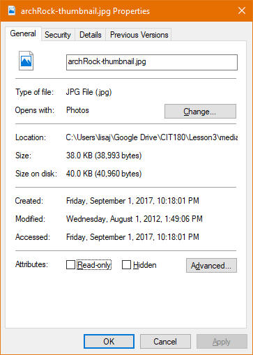 image file size on disk