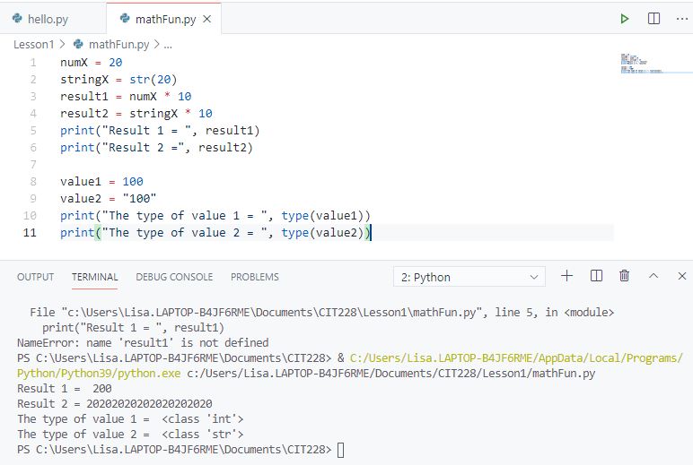 code with data type displayed
